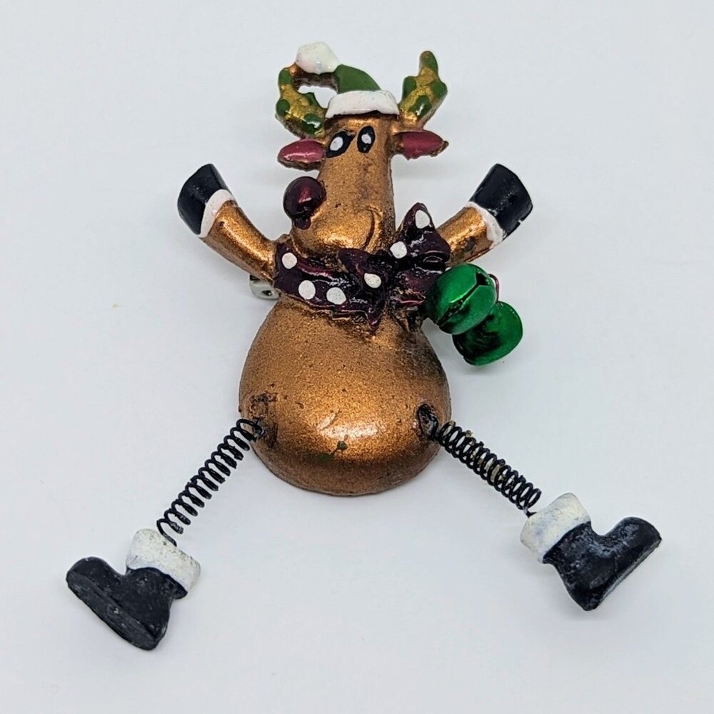 Reindeer Christmas Pin Brooch Spring Legs Jingle Bells Copper & Green 2.5"